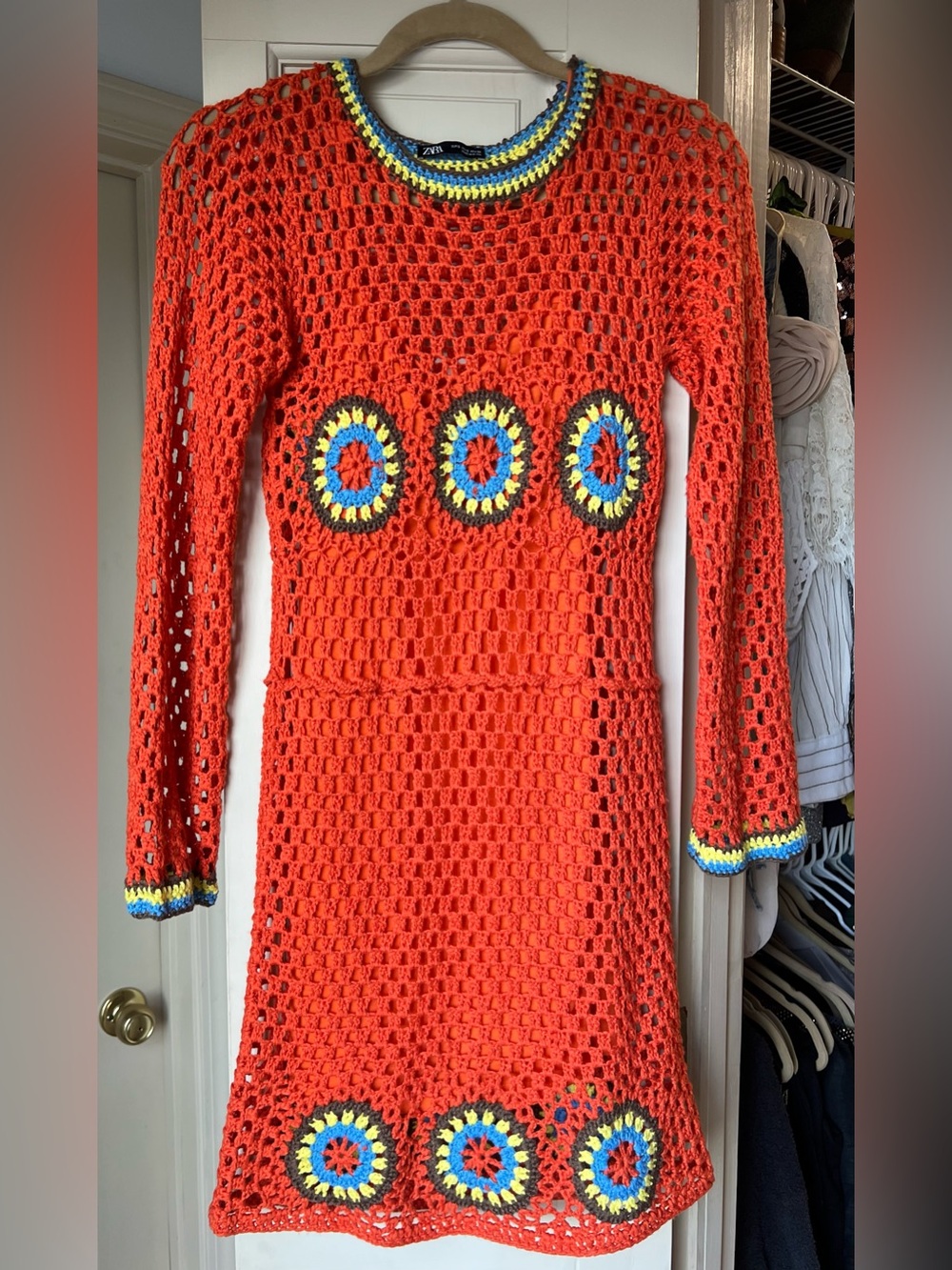Zara Orange Hand-Crochet Long Sleeve Dress with Multicolor Medallions
